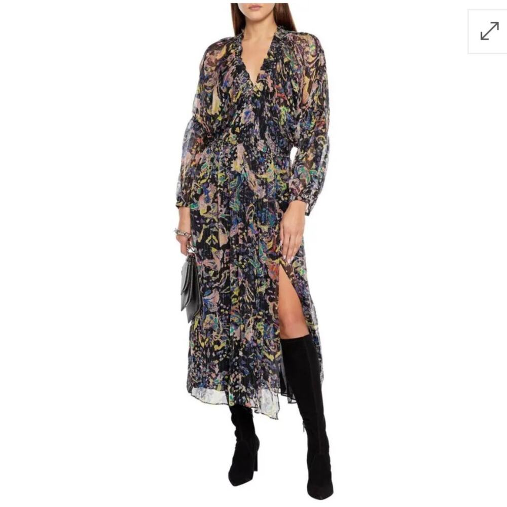 IRO Paris Ramona Dress Ruffle Trimmed Metallic Printed Chiffon Midi 40